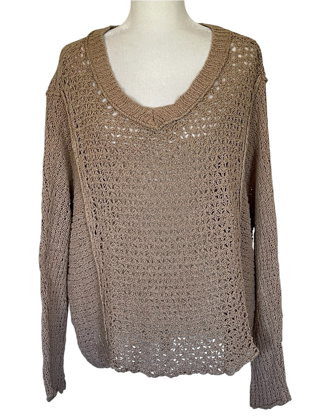 Free People Baja Laguna Coast Oversized Crochet Open Knit Tan V-Neck Sweater - Picture 3 of 10